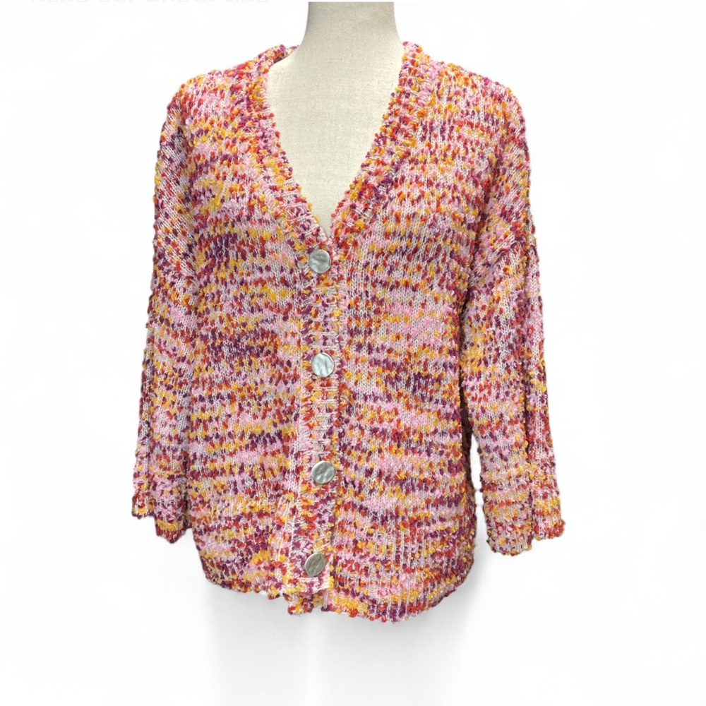 Marc New York Pink Orange Chunky Knit Confetti 3/4 Sleeve Cardigan Women Size M
